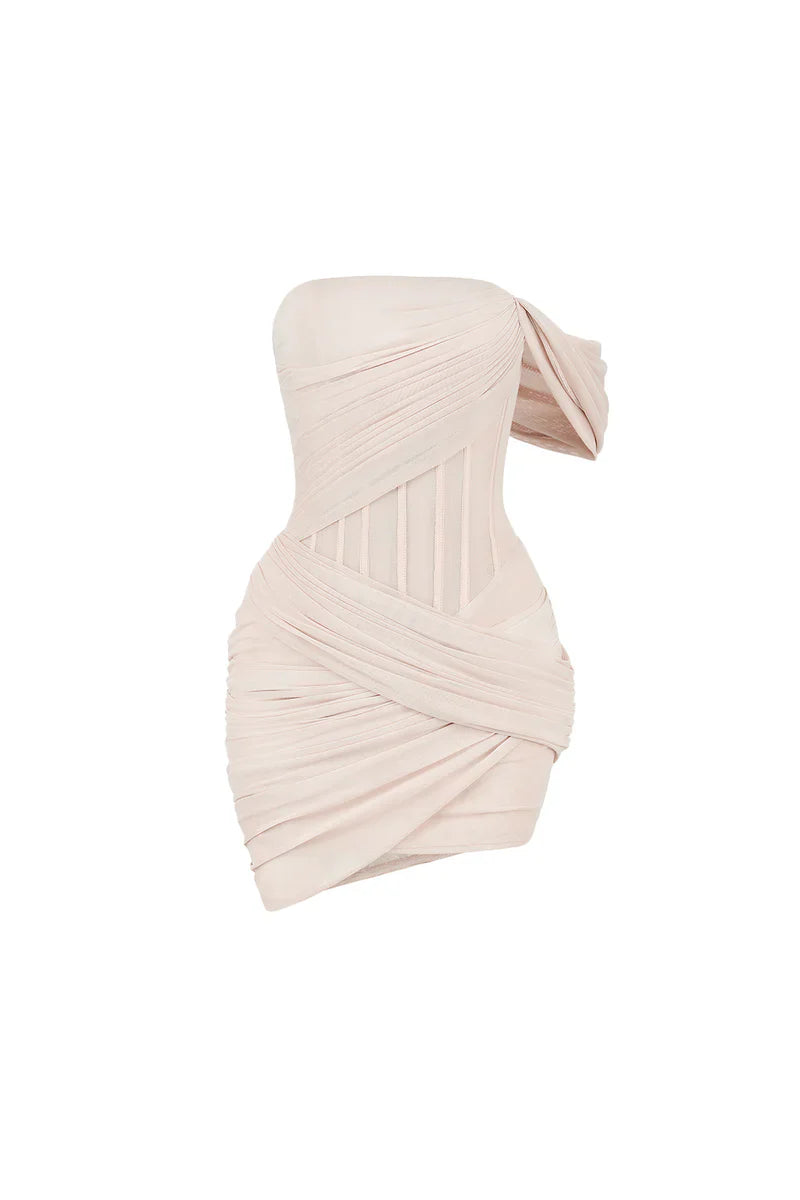 IVORY TULLE ASYMMETRIC SLEEVED MESH MINI DRESS