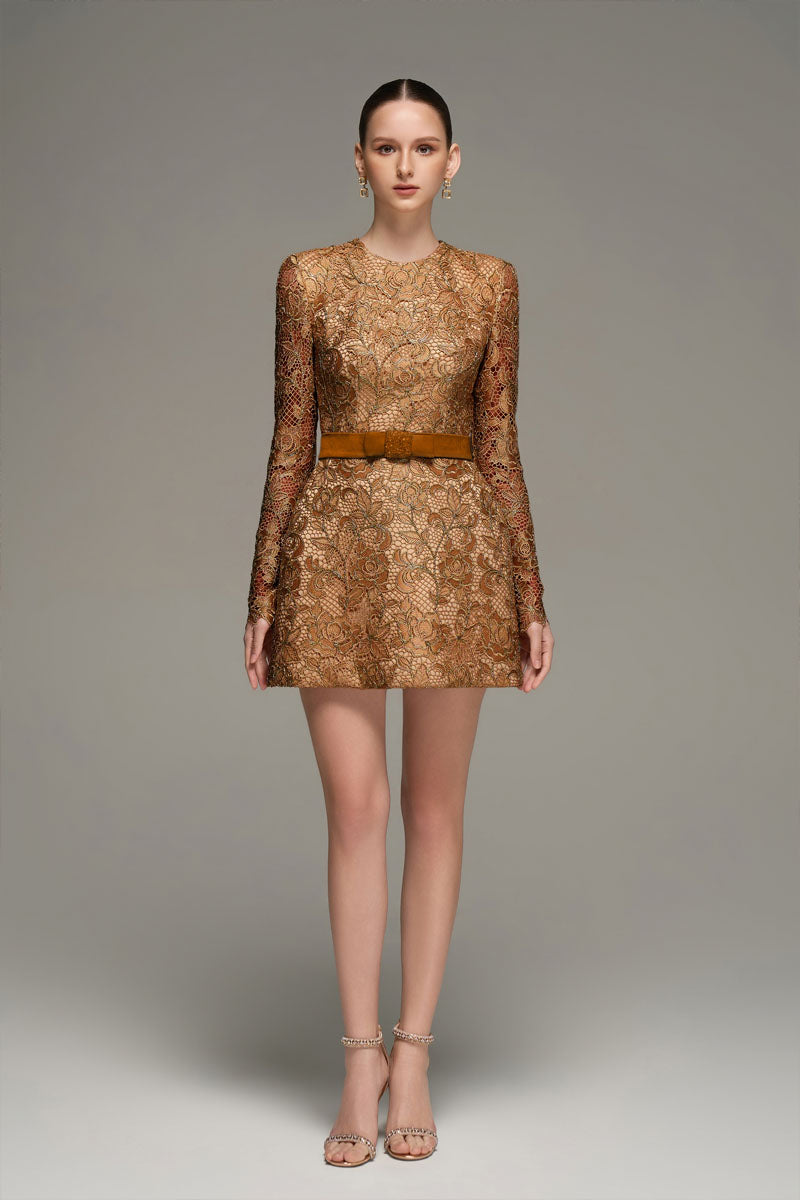 LONG SLEEVE LACE MINI DRESS IN BROWN