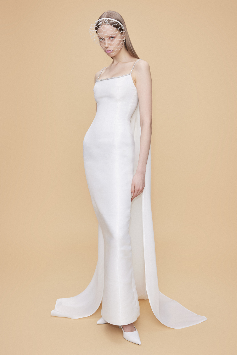 LIQUID ORGANZA SCULPT DRESS WITH CAPE AT THE BACK