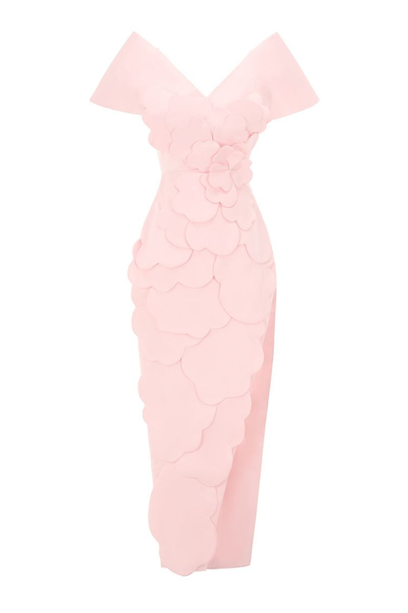 CULT MIA X HAPPY CLOTHING GLENN FLOWER APPLIQUE TAFFETA MAXI DRESS IN PINK