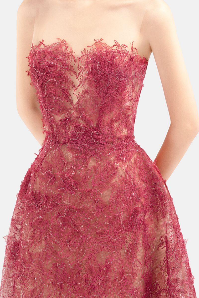 RED BEADED LACE MIDI DRESS