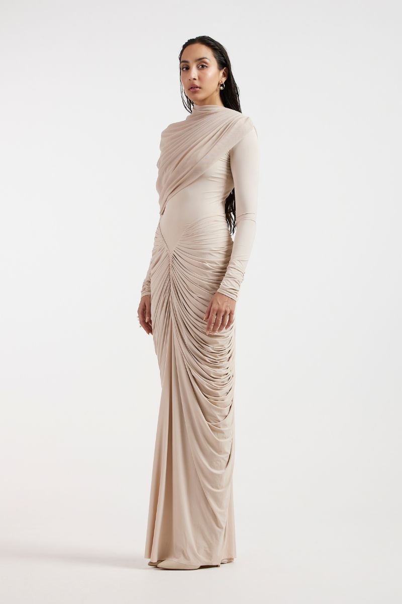 ELORA BEIGE DRAPED GOWN