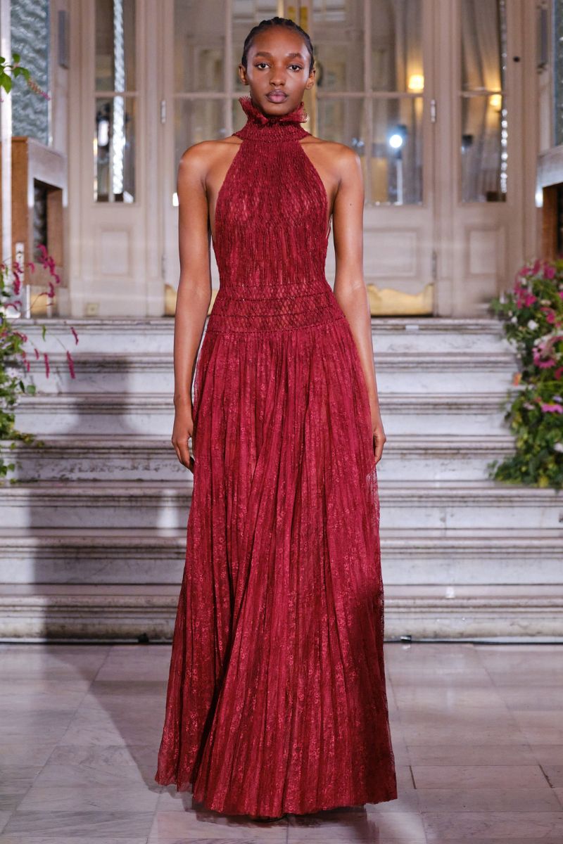 BURGUNDY SMOCKED LACE MAXI DRESS