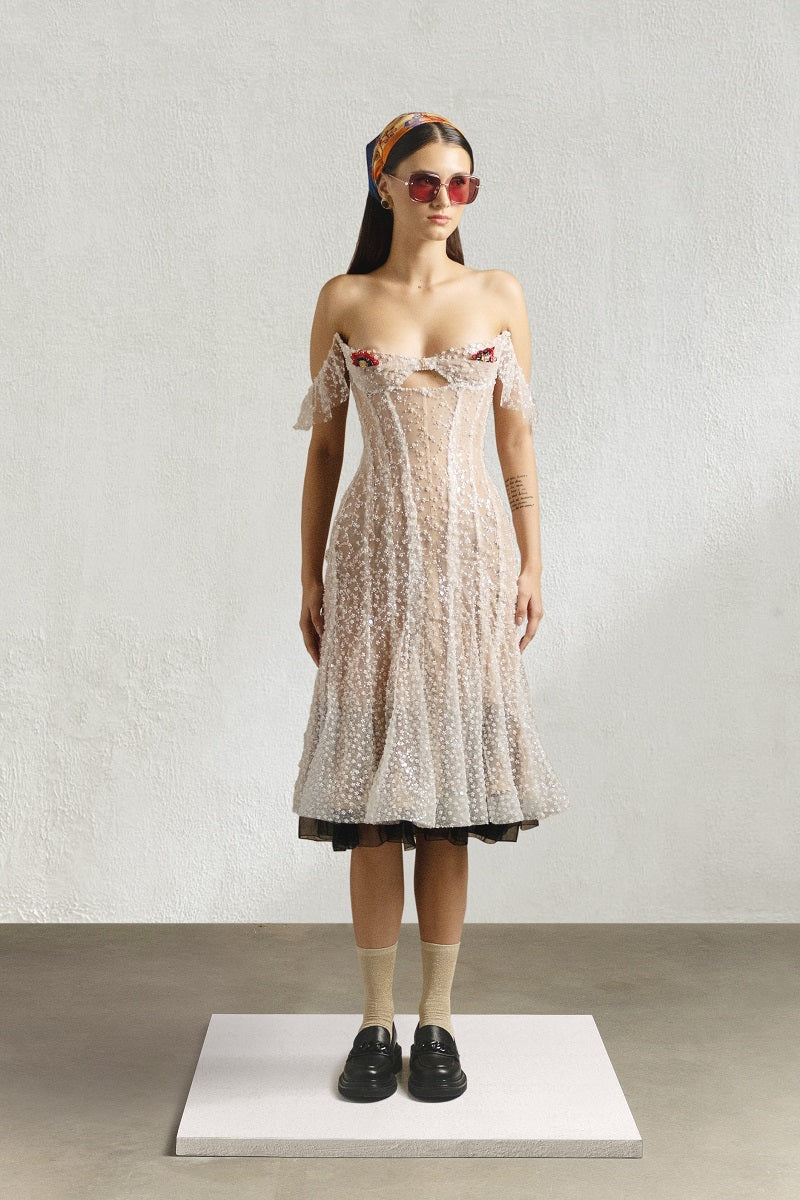 BEADED CORSET DRESS IN MILK