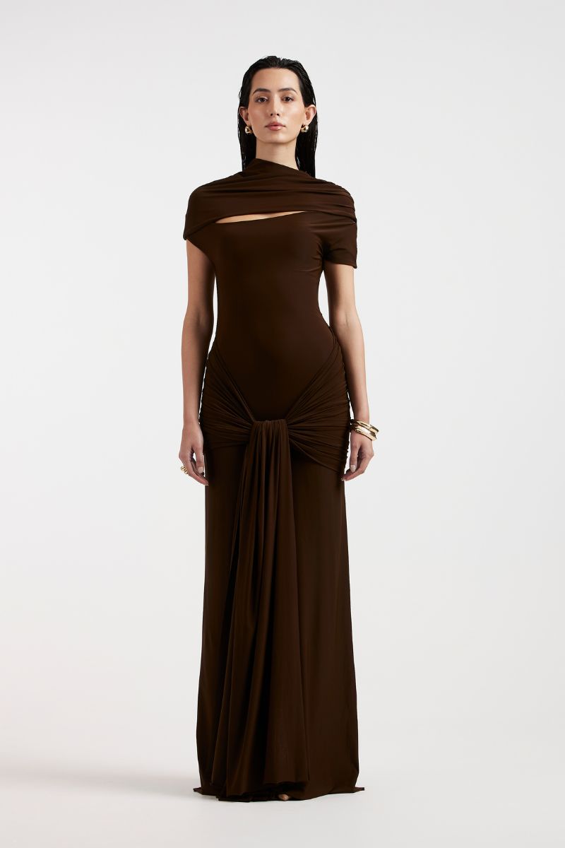 ZELIE BROWN JERSEY MAXI DRESS