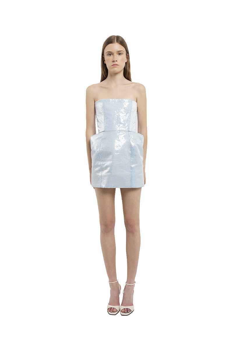 ICY BLUE SEQUIN STRAPLESS MINI DRESS