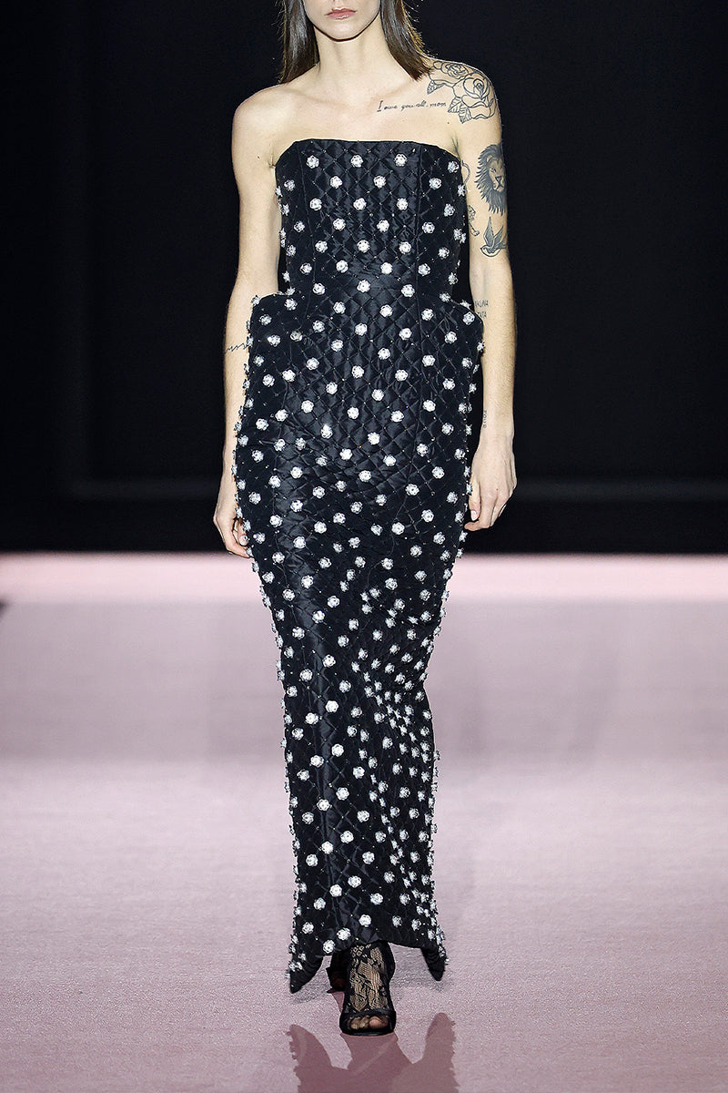 QUILTED DRESS WITH SILVER FLOWER EMBROIDERY IN BLACK