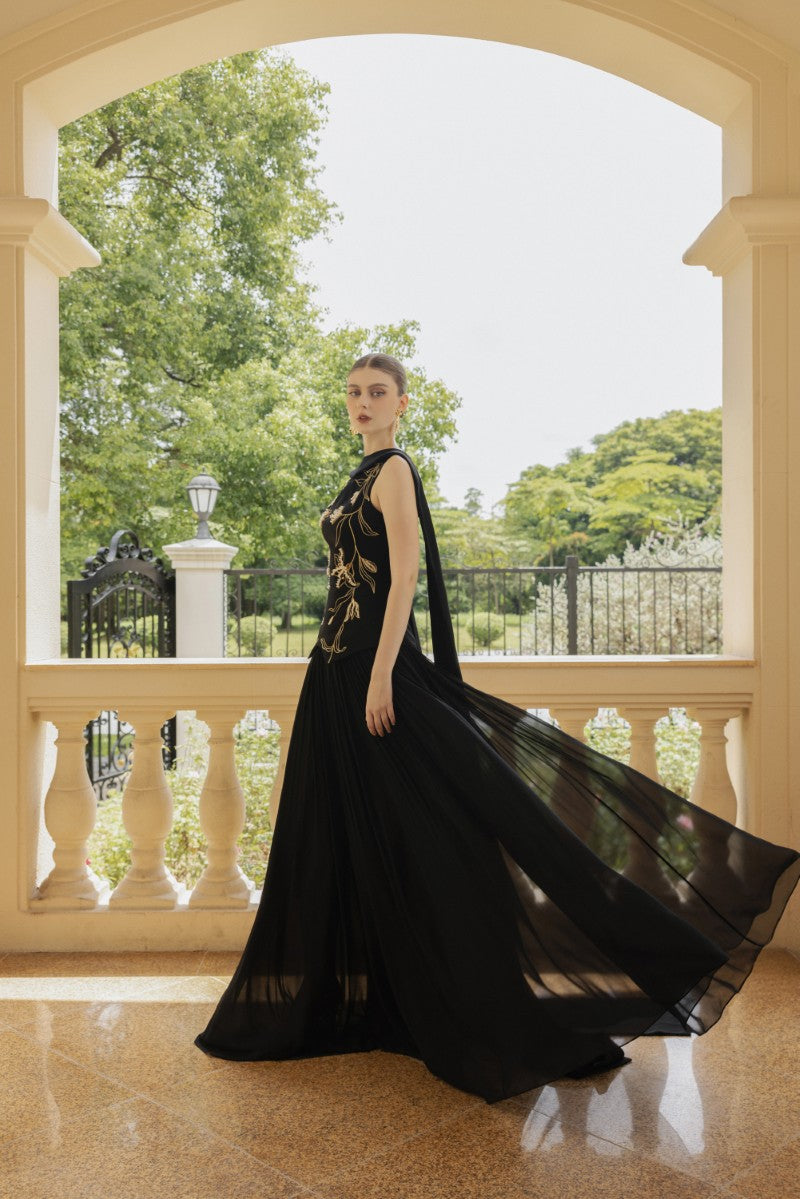 ARIANE CREPE AND CHIFFON GOWN IN BLACK
