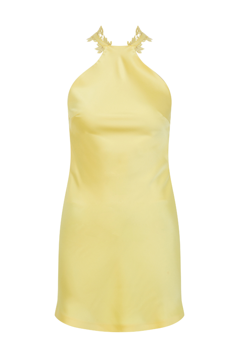 HALTER NECK MINI SATIN DRESS WITH LACE TRIMMINGS