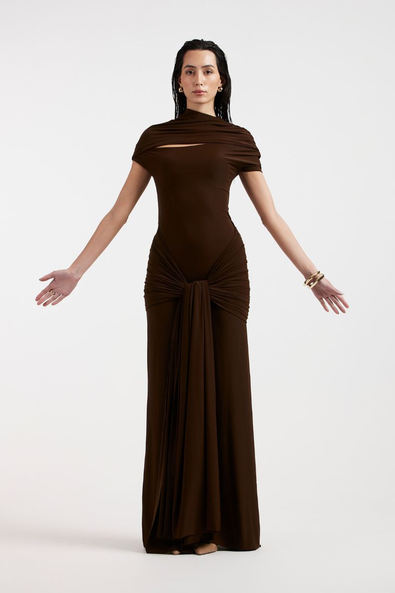 ZELIE BROWN JERSEY MAXI DRESS