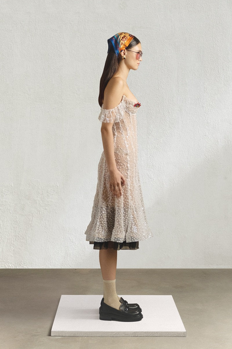 BEADED CORSET DRESS IN MILK
