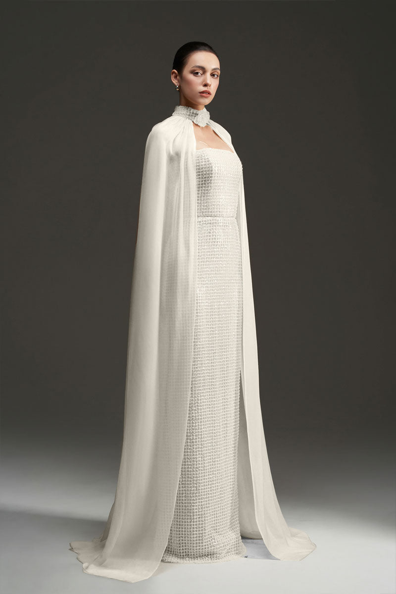 PEARL SQUARE MESH LACE AND CHIFFON DRESS IN SILVER