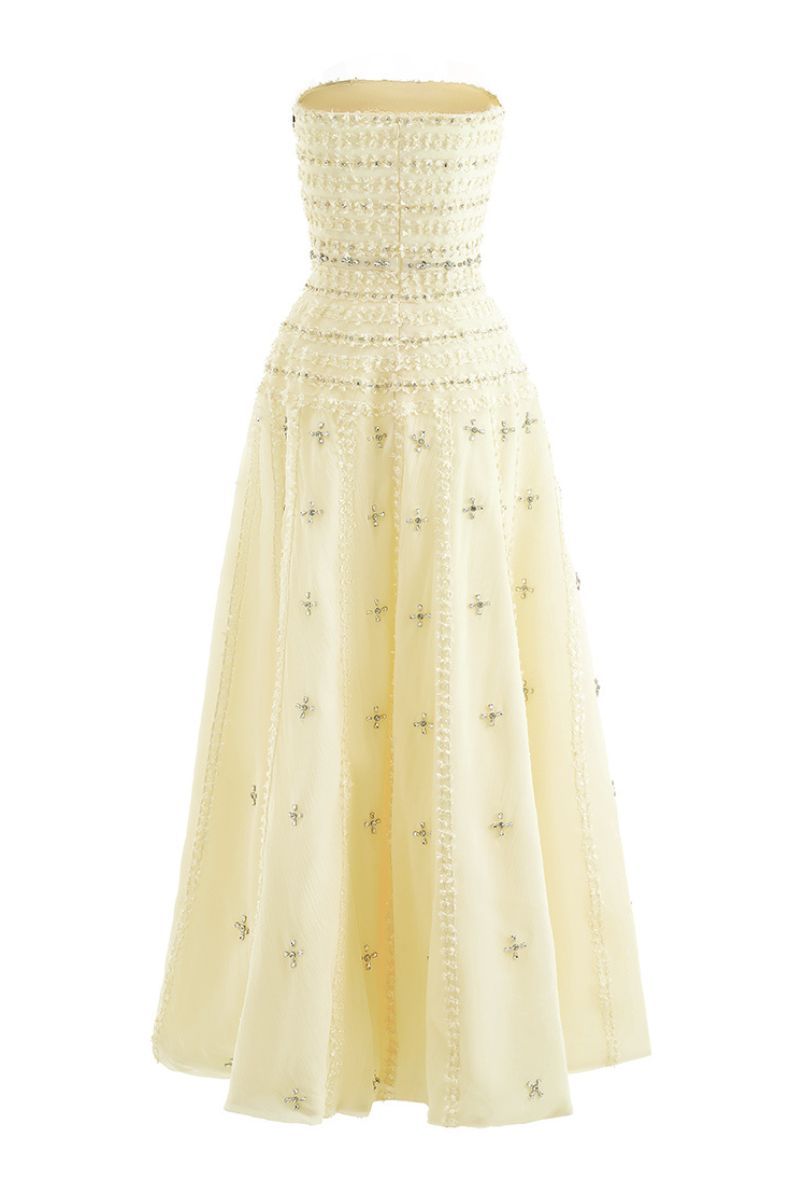 CULT MIA X HAPPY CLOTHING TERRY STRAPLESS STONE ORGANZA MAXI DRESS IN LIGHT YELLOW