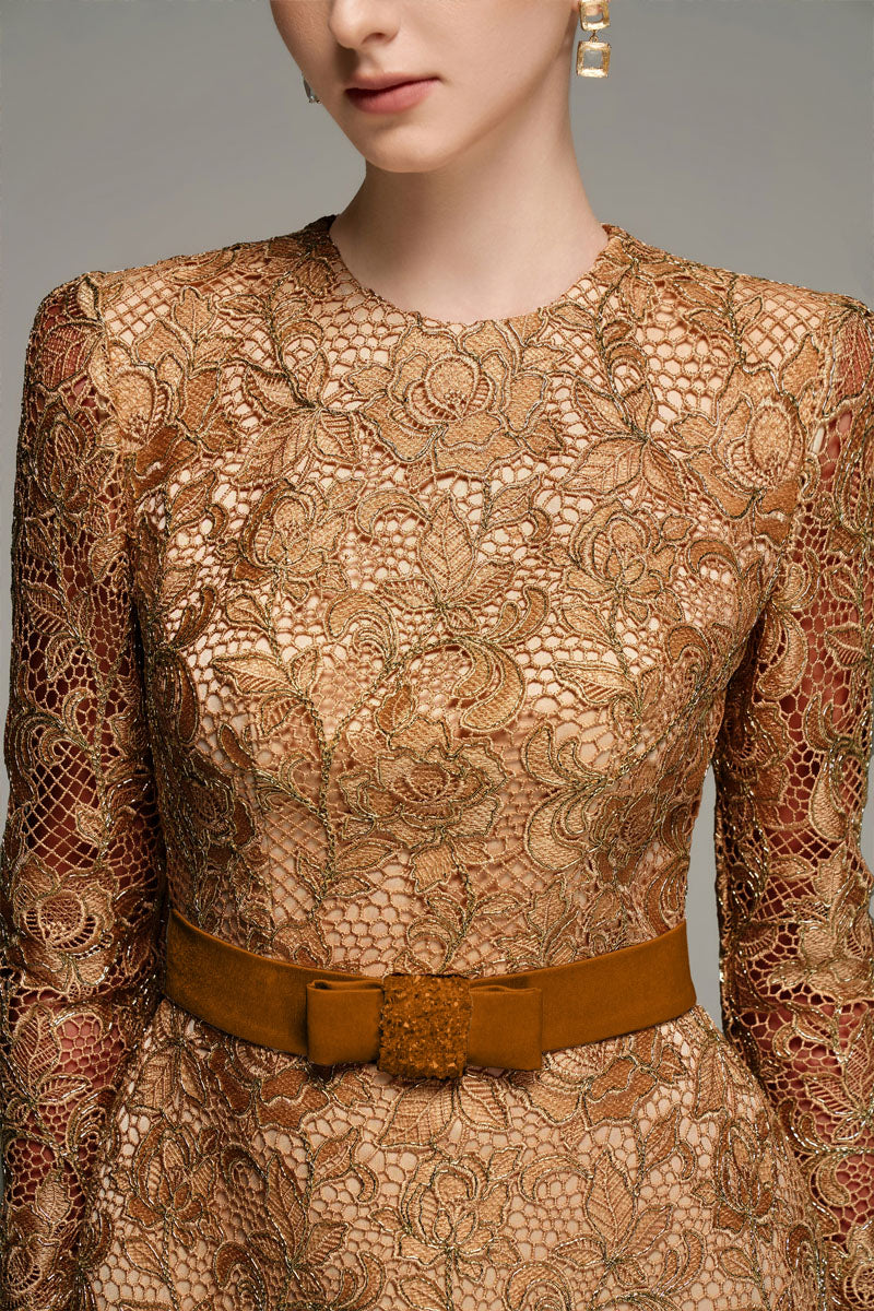 LONG SLEEVE LACE MINI DRESS IN BROWN