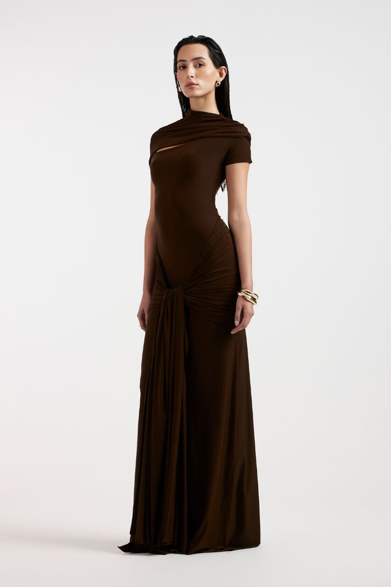 ZELIE BROWN JERSEY MAXI DRESS