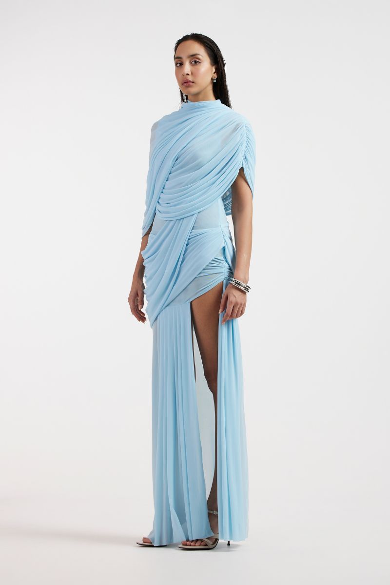 JOVANA DRAPED BLUE MAXI DRESS