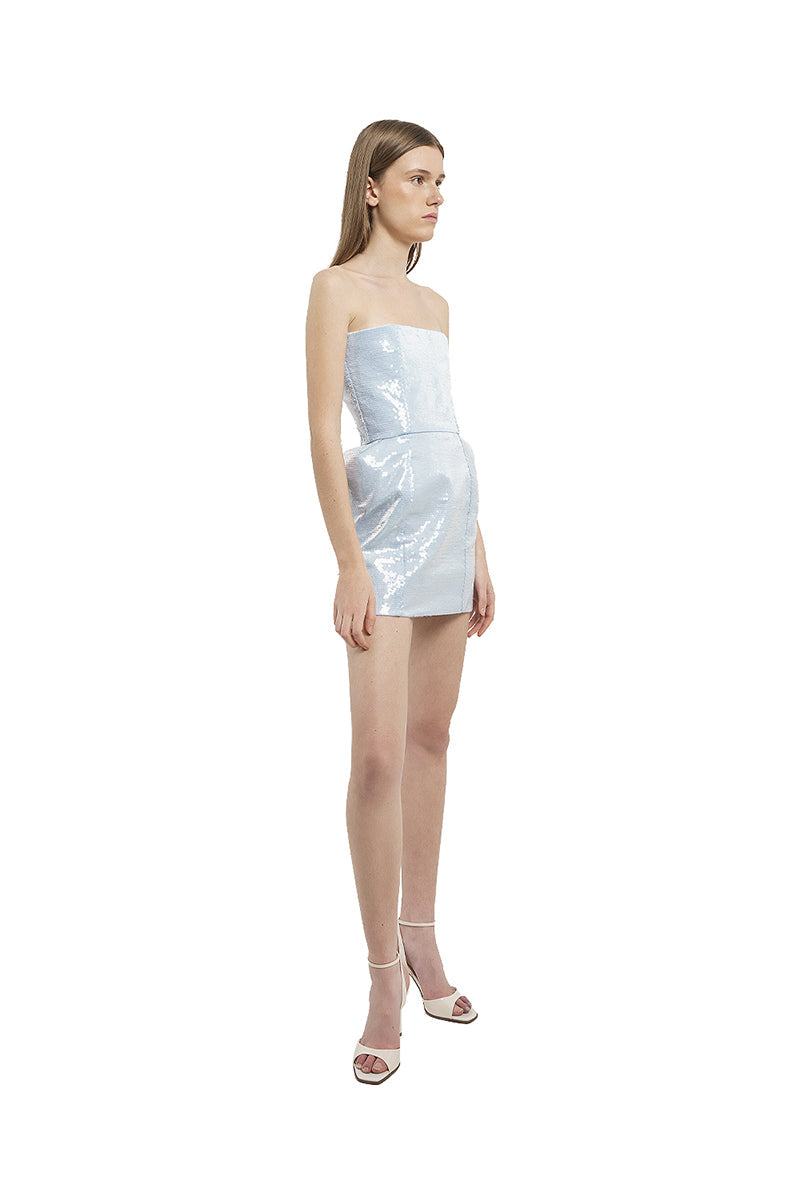 ICY BLUE SEQUIN STRAPLESS MINI DRESS
