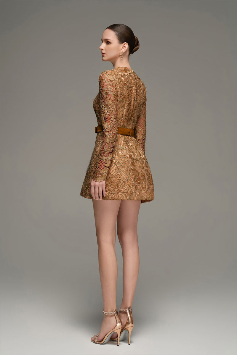 LONG SLEEVE LACE MINI DRESS IN BROWN