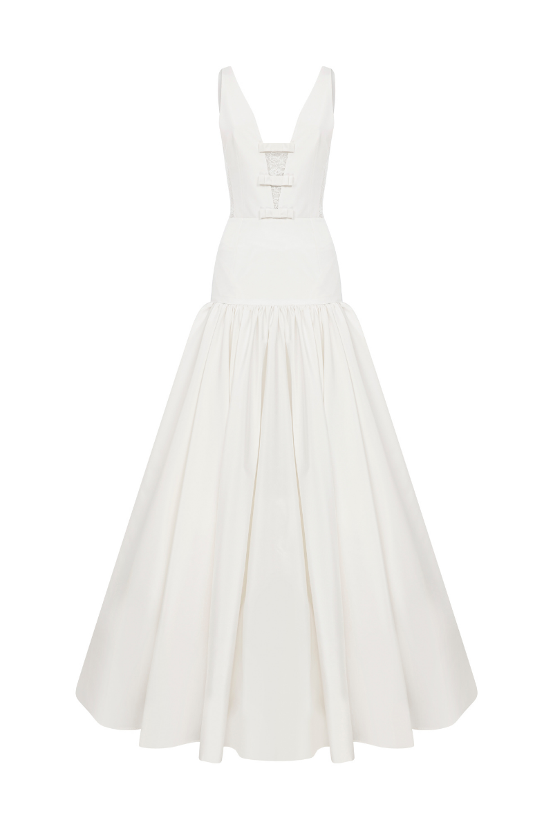 DEEP V NECKLINE GOWN WITH BOW DETAILS