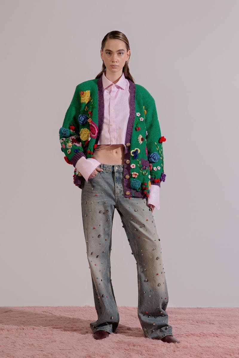 FLORIS GREEN EMBROIDERED OVERSIZED CARDI