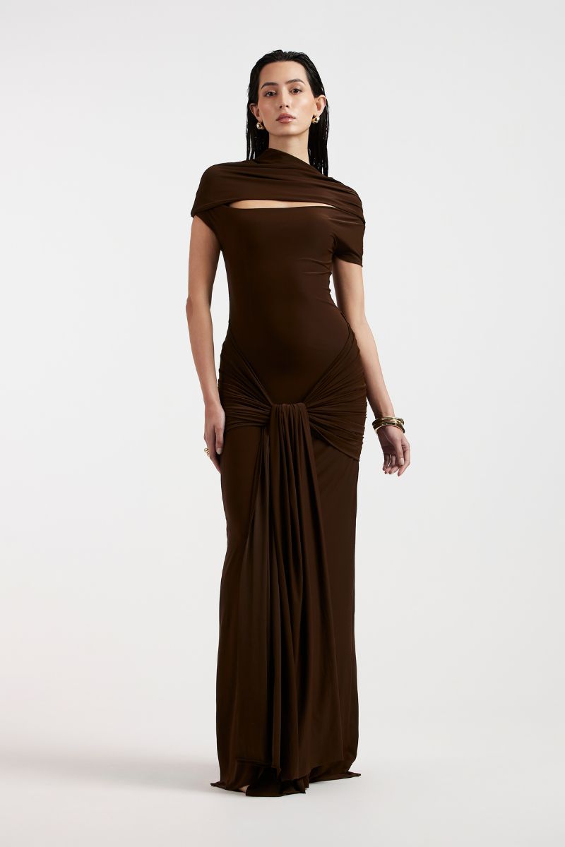 ZELIE BROWN JERSEY MAXI DRESS