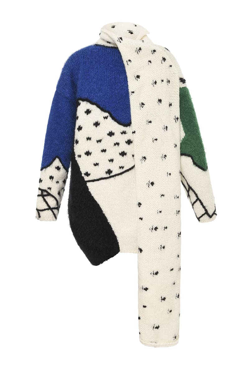 SCARFED HAND KNIT MULTICOLOR CARDIGAN