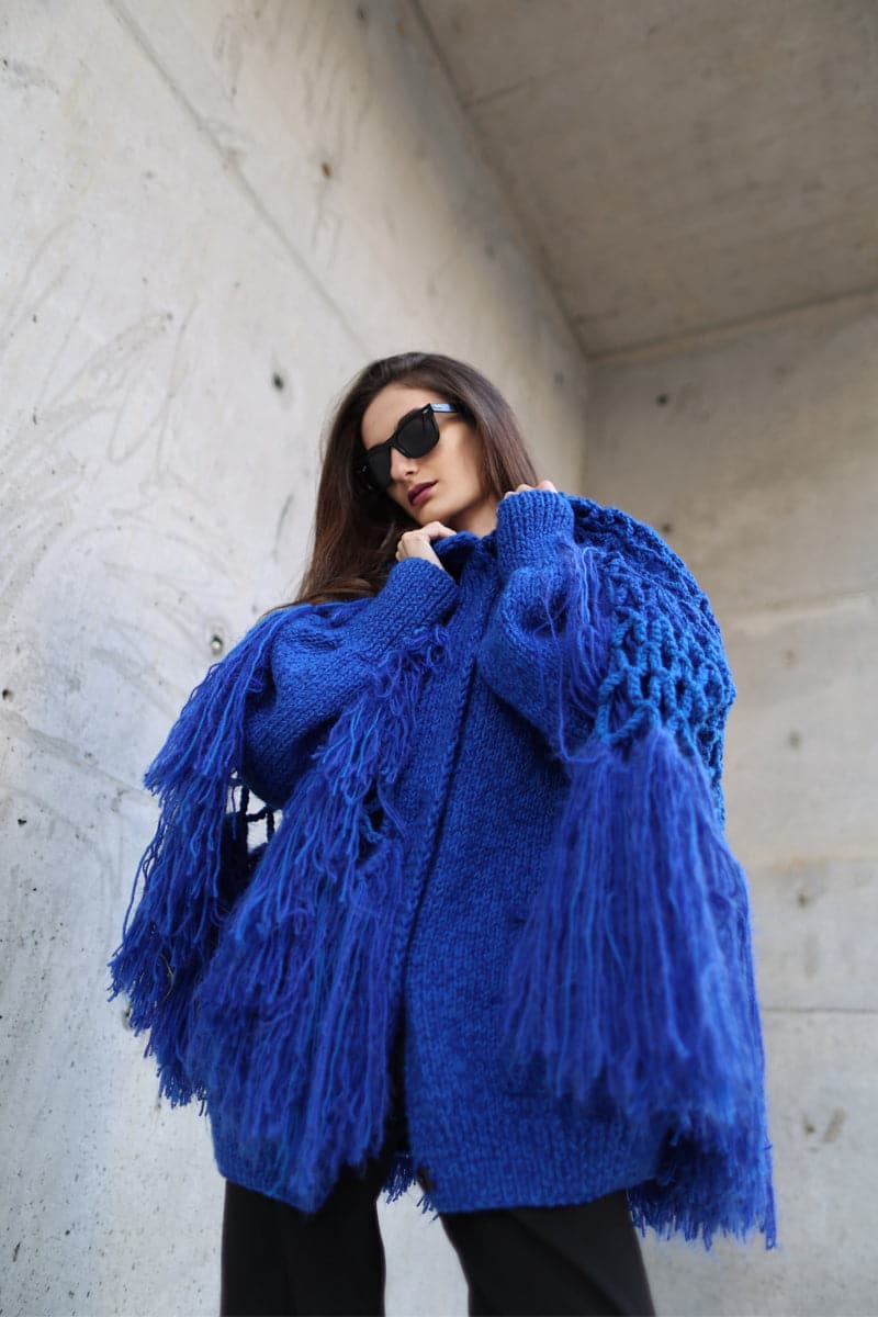 FRINGED PONCHO-STYLE CARDIGAN