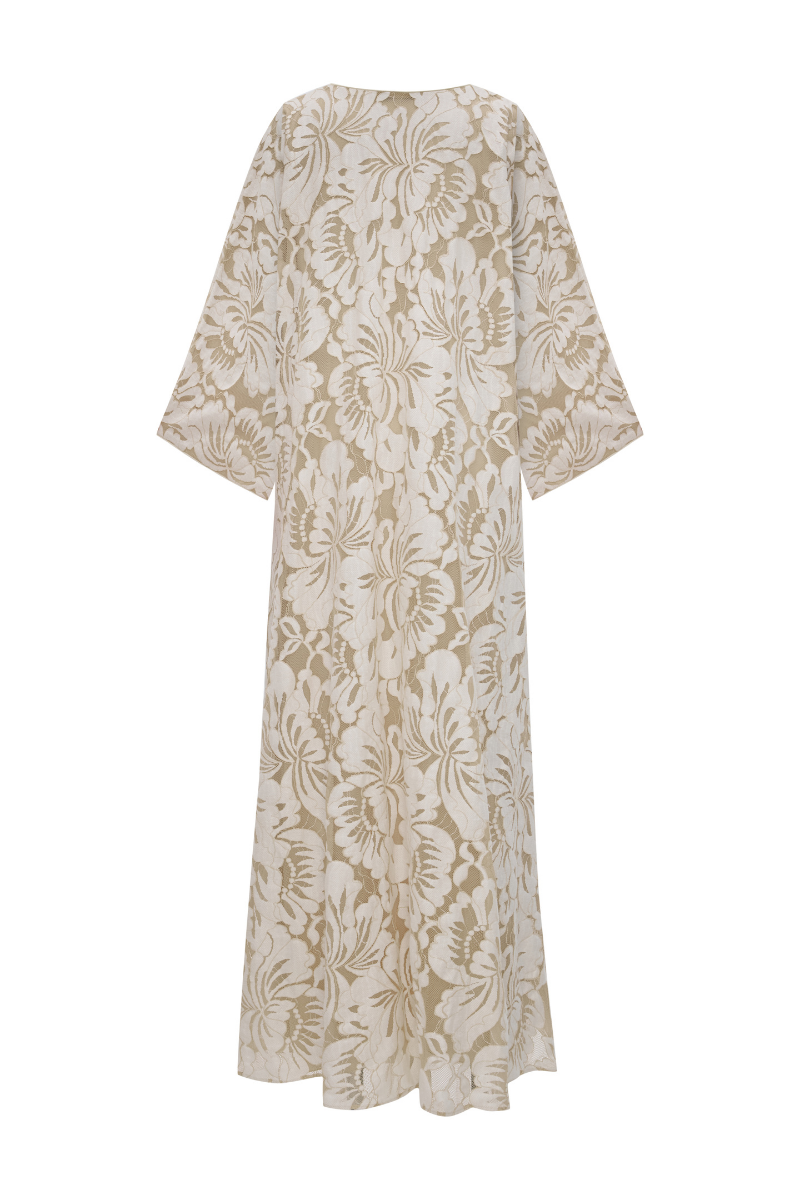 ESTARA LONG ZIPPERED DRESS WITH BEIGE LACE
