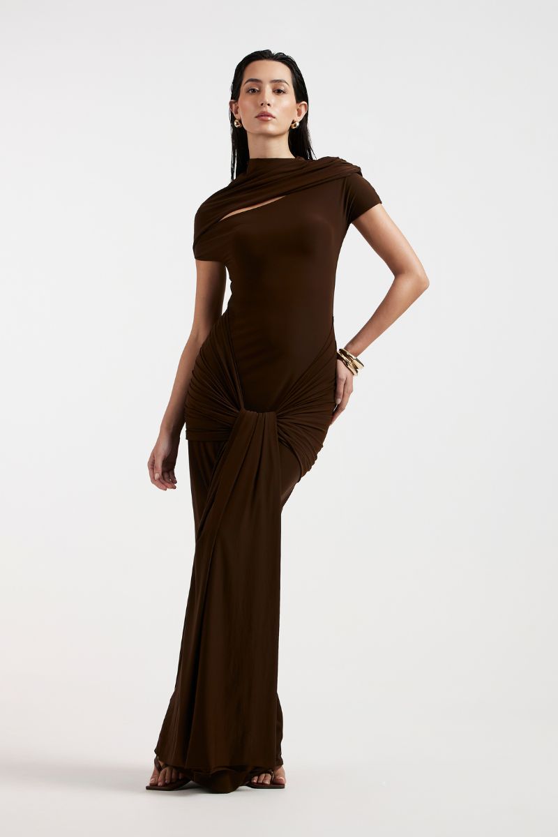 ZELIE BROWN JERSEY MAXI DRESS