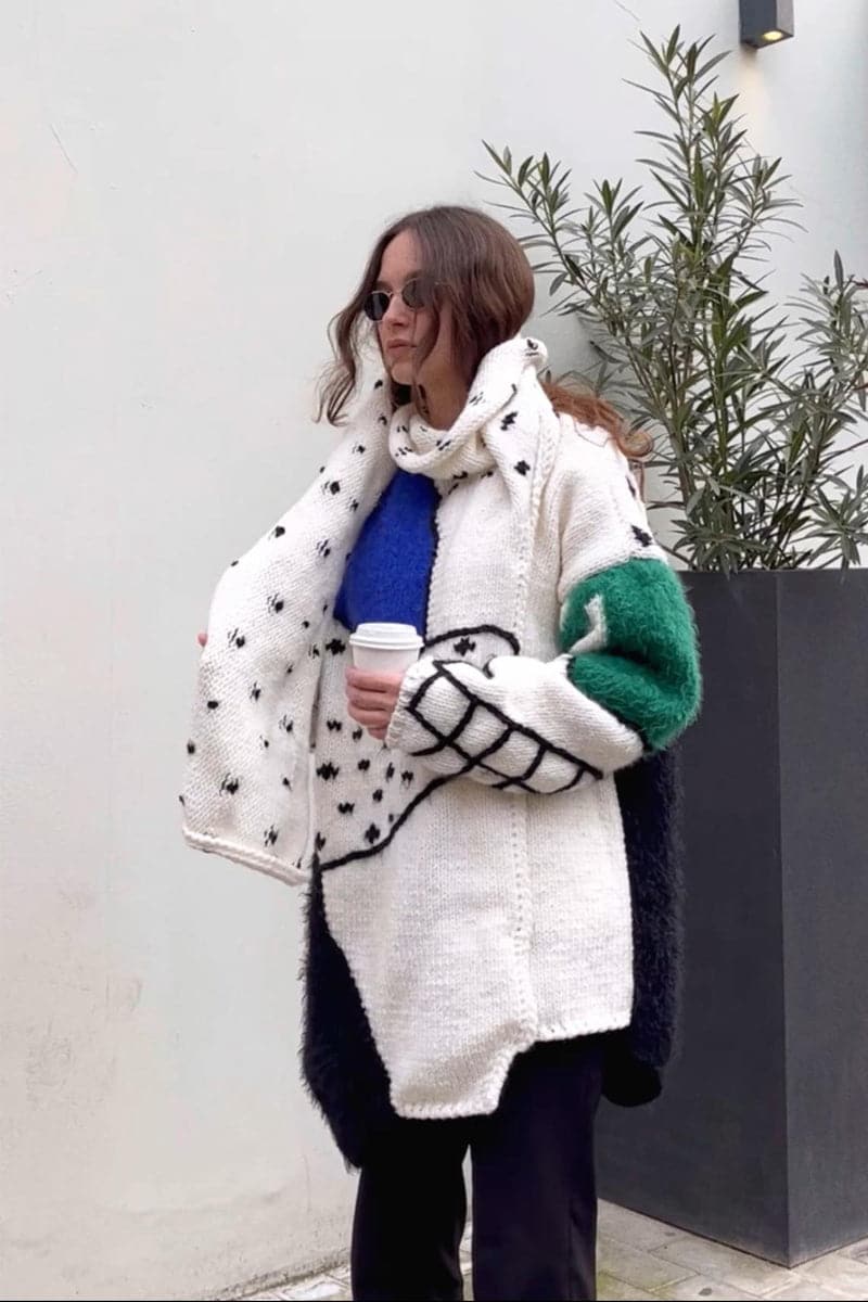 SCARFED HAND KNIT MULTICOLOR CARDIGAN