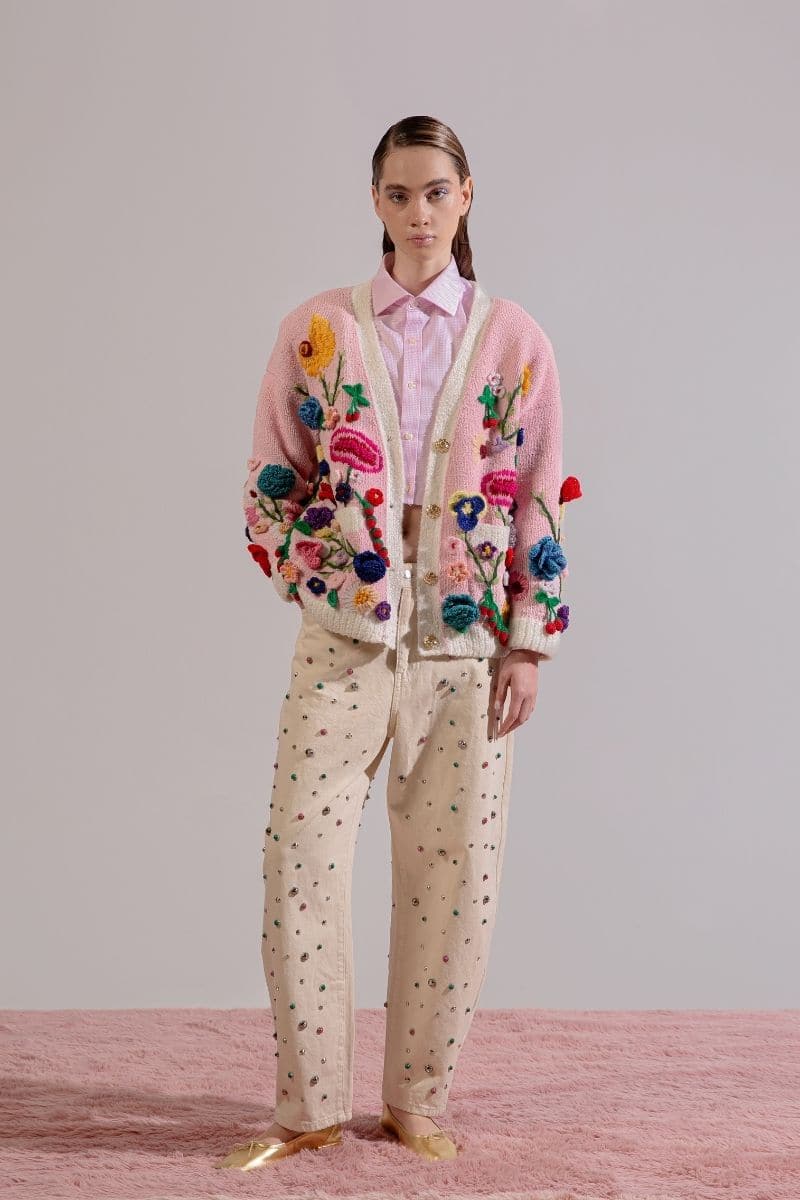FLORIS PINK EMBROIDERED OVERSIZED CARDI