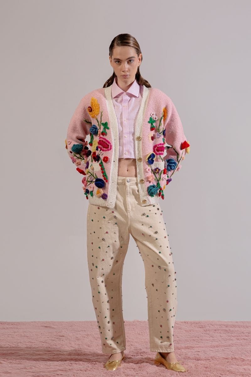 FLORIS PINK EMBROIDERED OVERSIZED CARDI