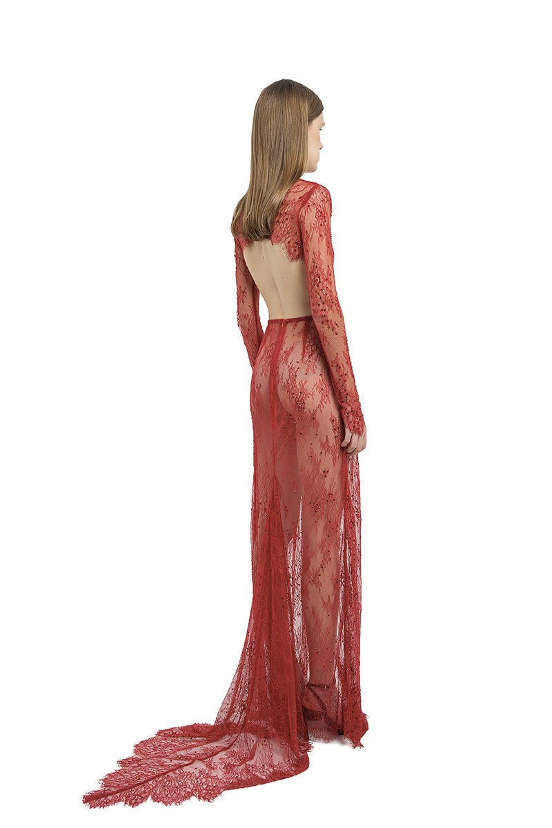 LACE LONG DRESS IN RED