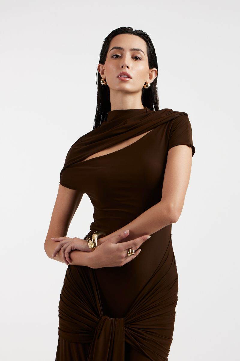 ZELIE BROWN JERSEY MAXI DRESS