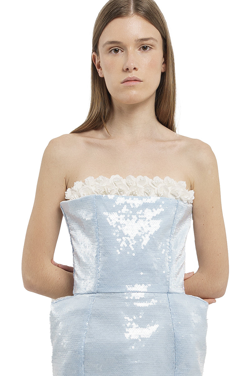 ICY BLUE SEQUIN STRAPLESS MINI DRESS