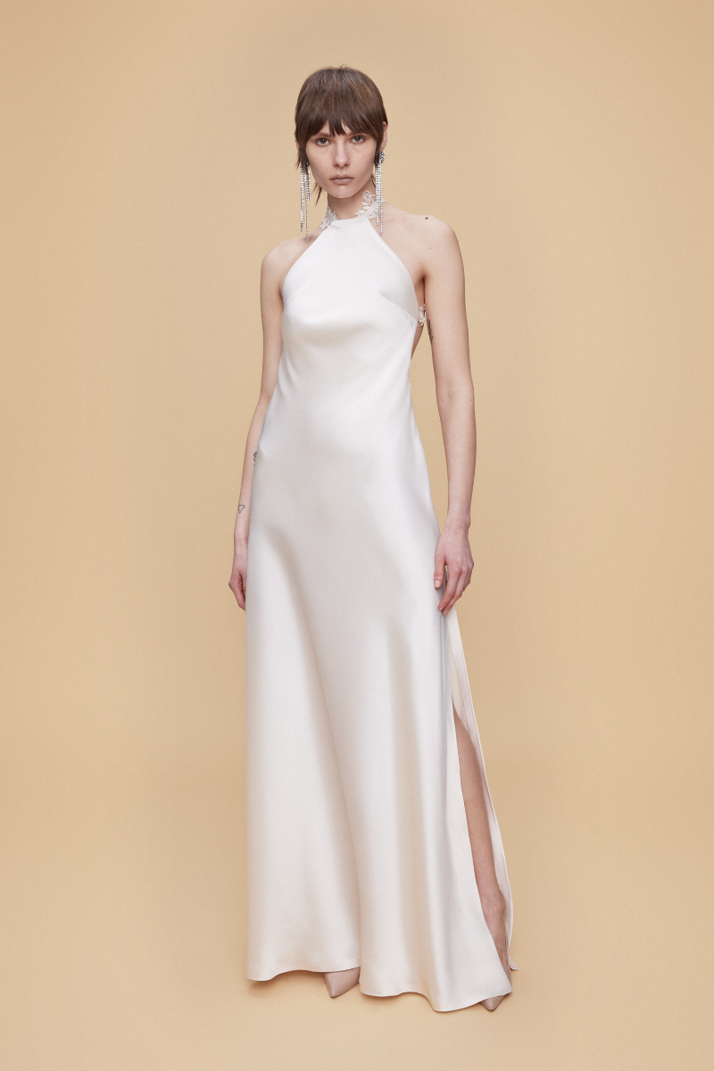 HALTER NECK MAXI SATIN DRESS WITH LACE TRIMMINGS IN ECRU