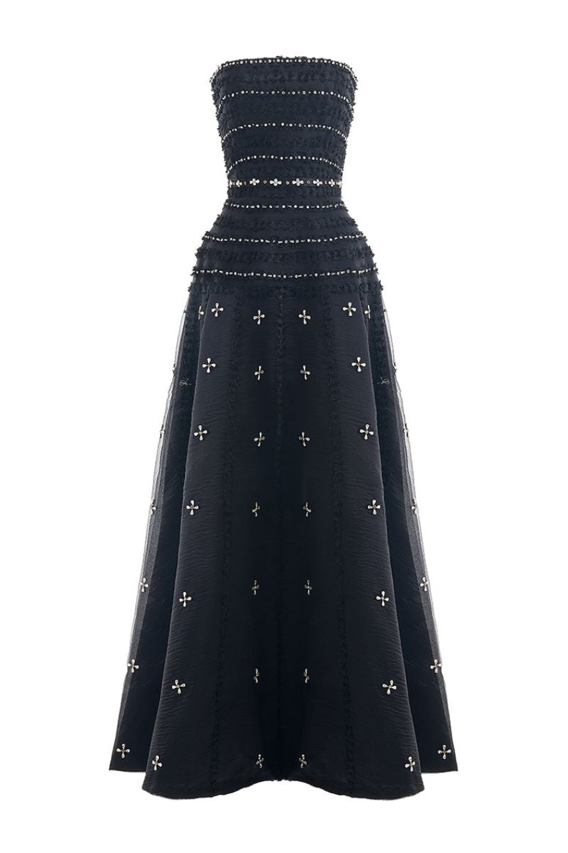 CULT MIA X HAPPY CLOTHING TERRY STRAPLESS STONE ORGANZA MAXI DRESS IN BLACK