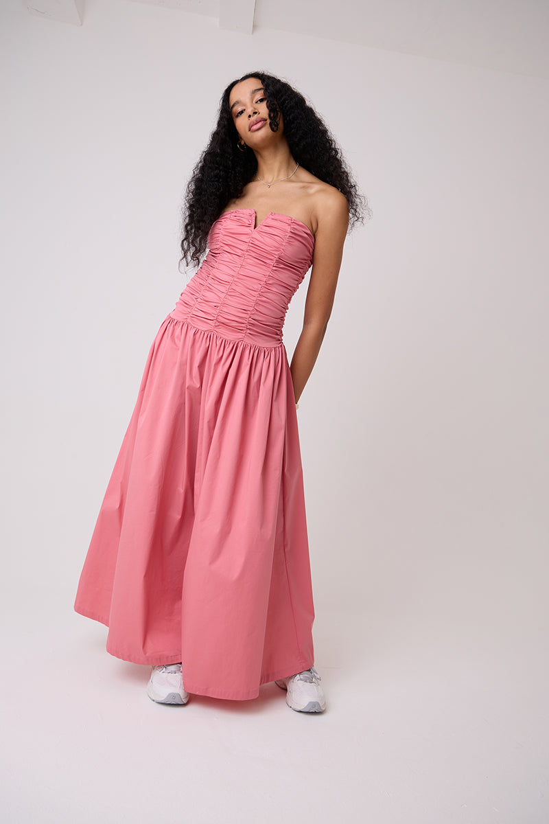 RUCHED COLUMN BARDOT PINK DRESS