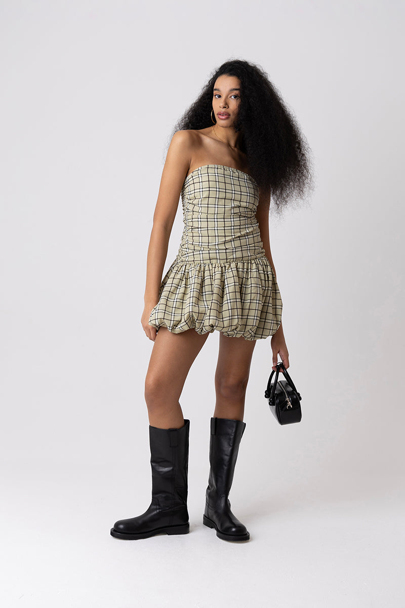 DIONNE LIGHT GREEN CHECK MINI DRESS