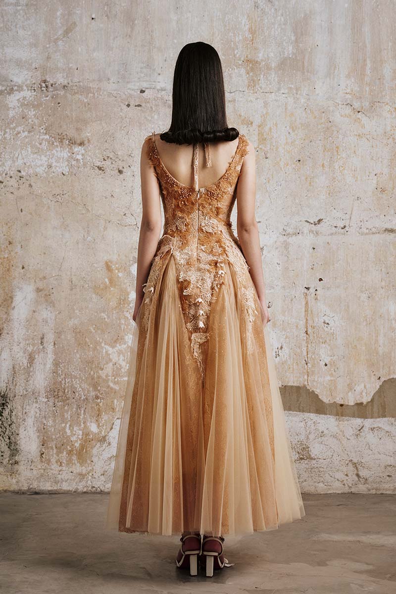 CULT MIA X DO LONG GOLDEN PETAL MIDI DRESS