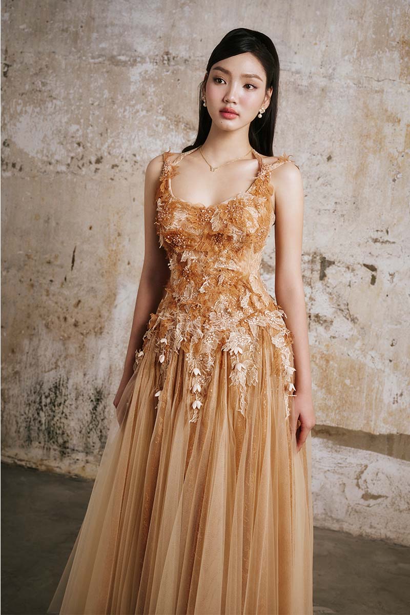 CULT MIA X DO LONG GOLDEN PETAL MIDI DRESS
