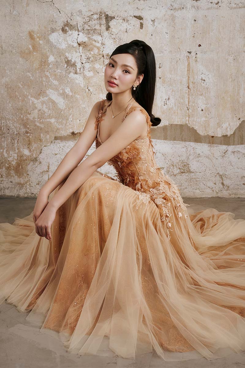 CULT MIA X DO LONG GOLDEN PETAL MIDI DRESS