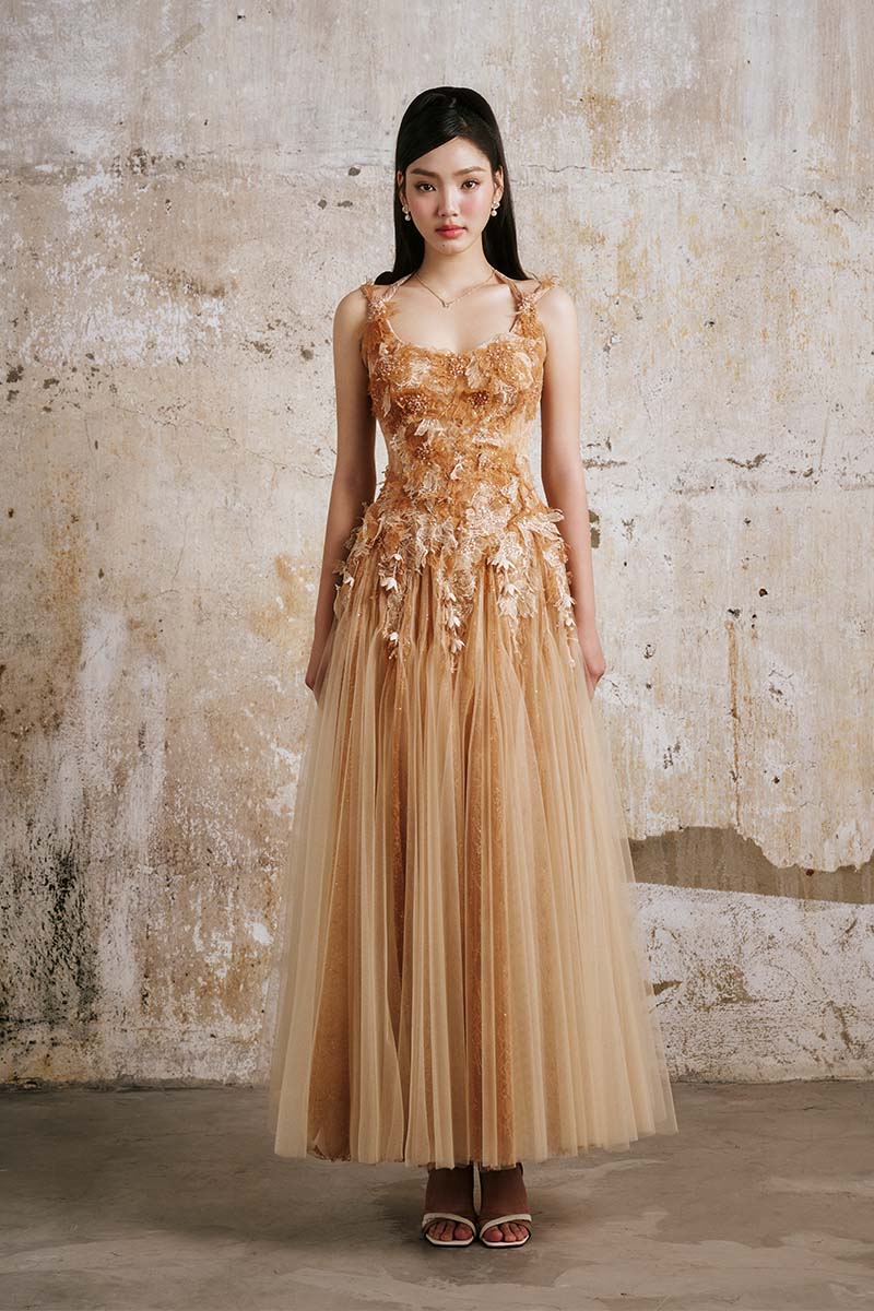 CULT MIA X DO LONG GOLDEN PETAL MIDI DRESS