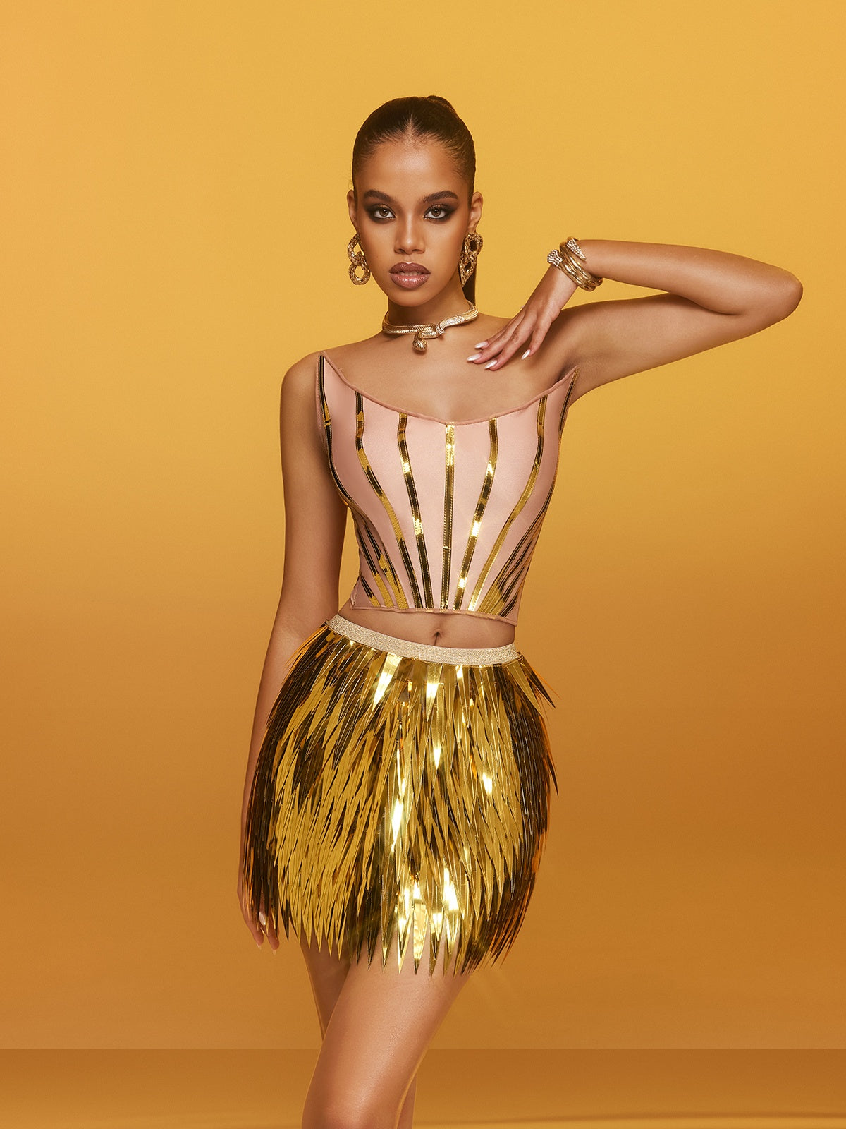 Averth Strapless Tie Up Fringe Skirt Set