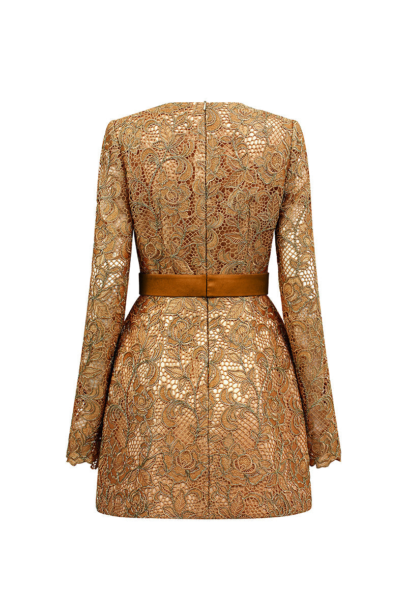 LONG SLEEVE LACE MINI DRESS IN BROWN