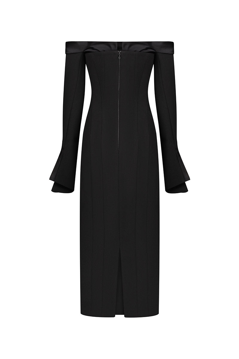 BLACK OFF-SHOULDER WOOL MIDI DRESS