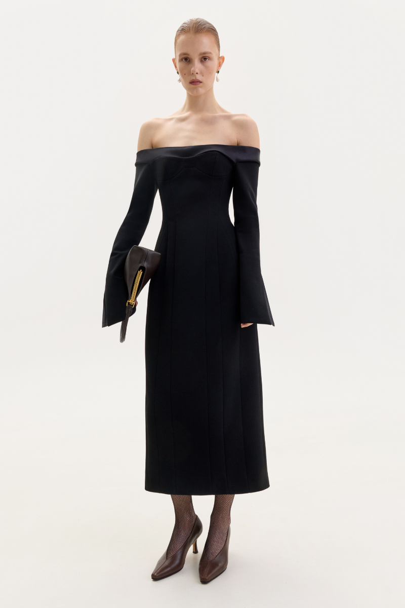 BLACK OFF-SHOULDER WOOL MIDI DRESS