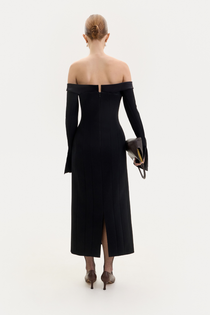 BLACK OFF-SHOULDER WOOL MIDI DRESS