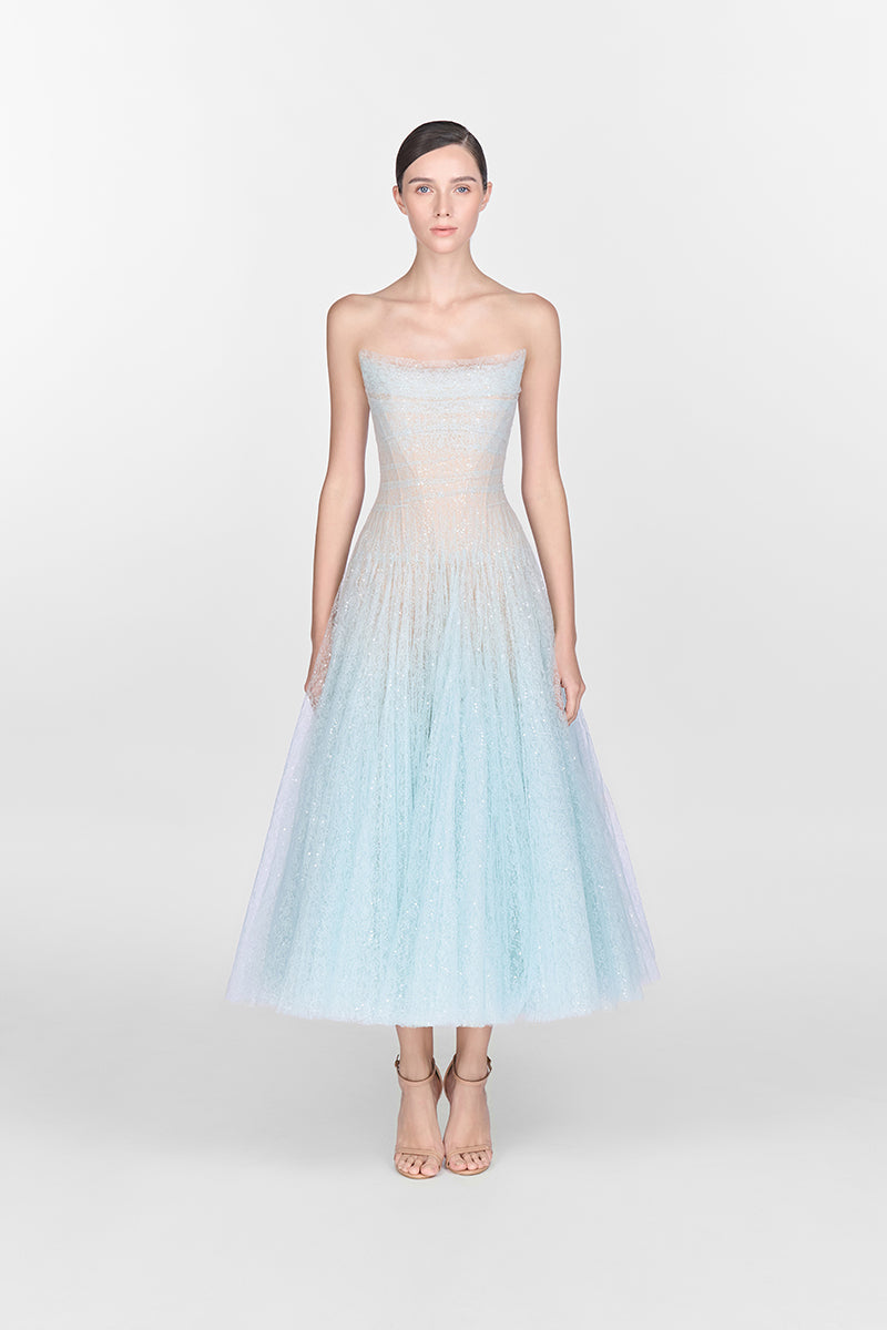 BLUE DRAPED LACE MIDI DRESS