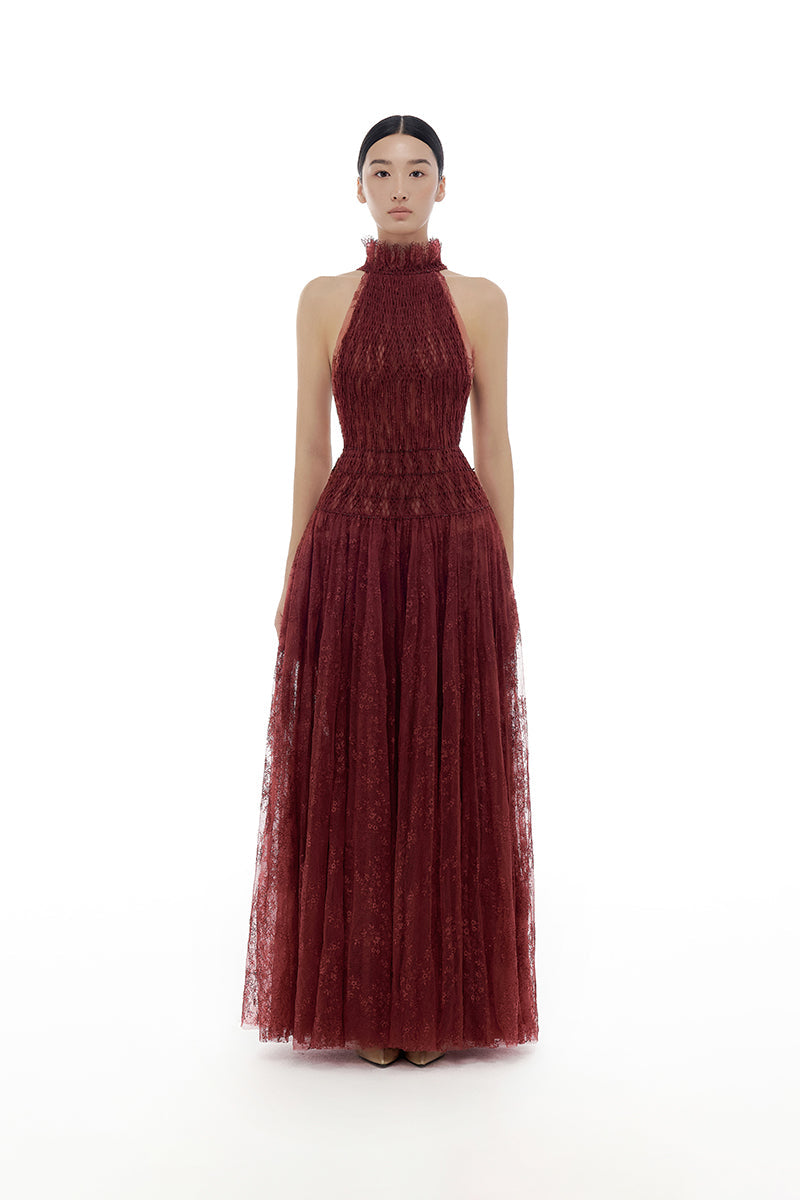 BURGUNDY SMOCKED LACE MAXI DRESS